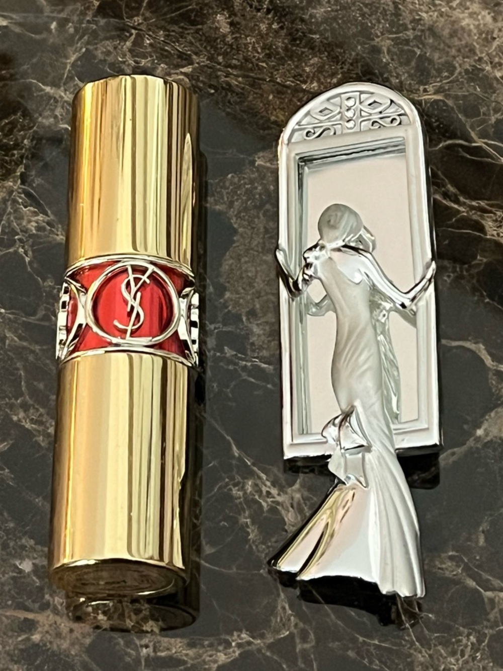 Whimsical Silver Metal Brooch - Elegant Lady Looking Into a Mirror - Unique!